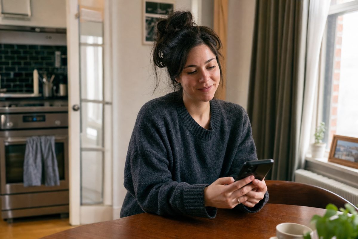 Personne soulagée consultant son téléphone à la maison