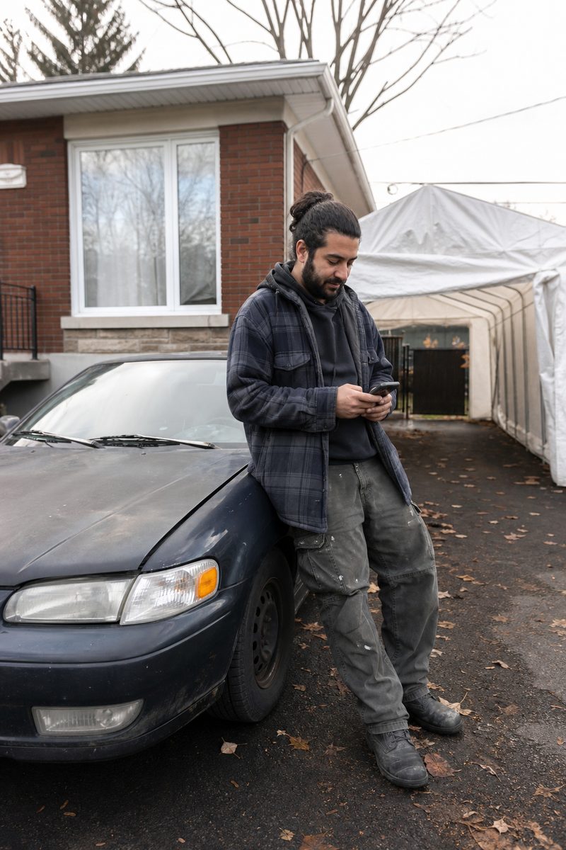 Personne près de son auto dans une entrée